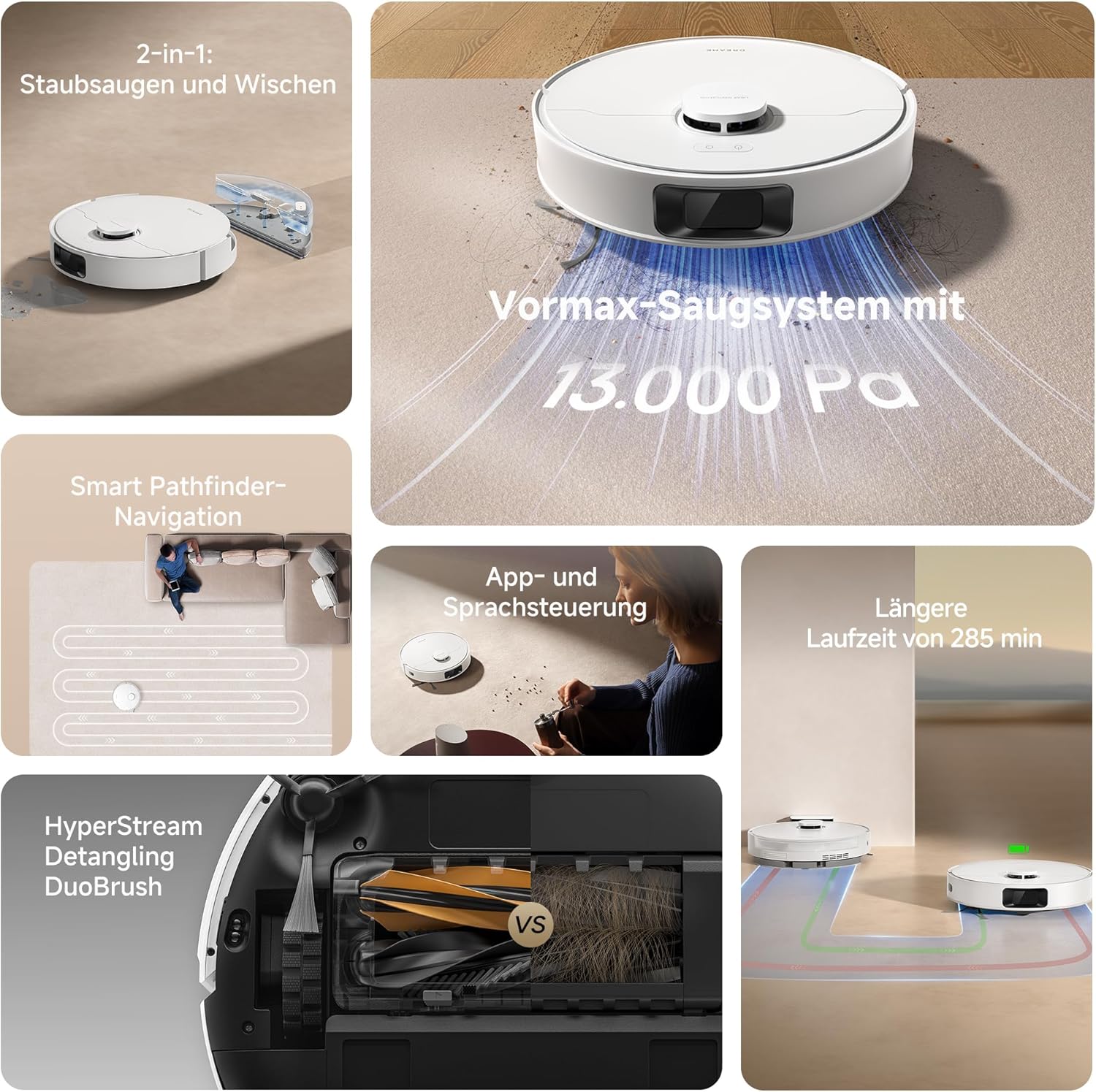 dreame D20 Saugroboter, 13.000 Pa Saugkraft, DuoBrush für Tierhaare, LDS-Navigation, 2-in-1: Staubsaugen und Wischen, Hartböden und Teppiche, 5.200-mAh-Akku, App- und Sprachsteuerung