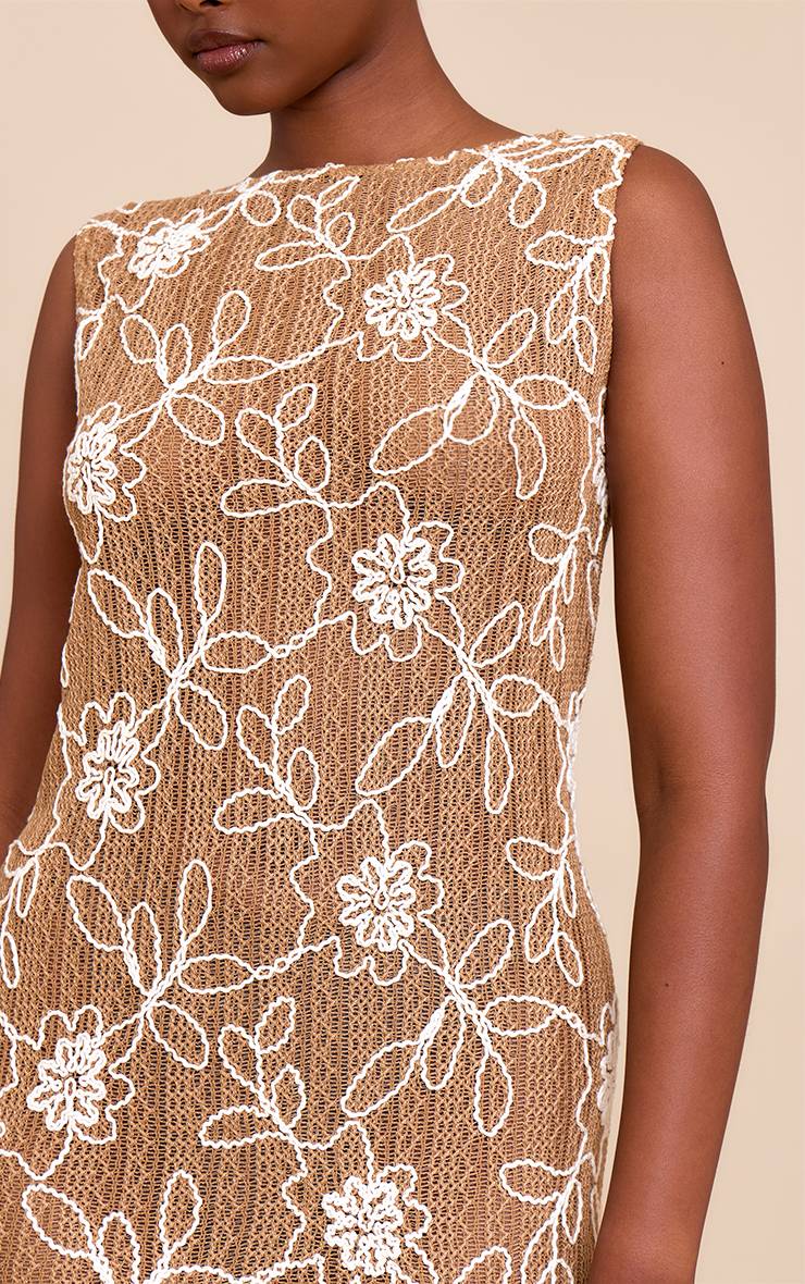 Marron Robe Droite À Col Bateau Et Motif Floral Texturé