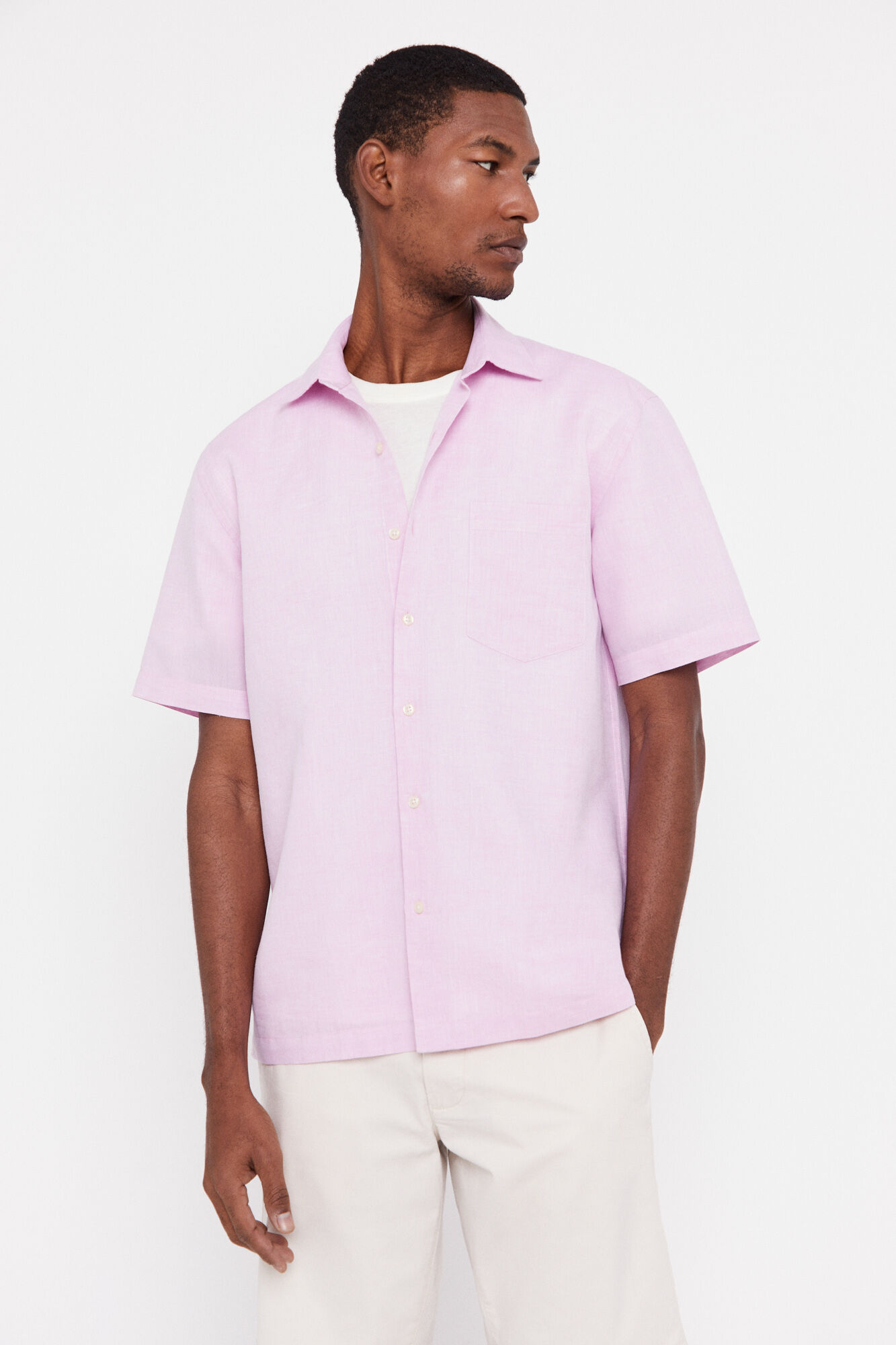 Camisa lisa de linho e algodão de manga curta - Rosa