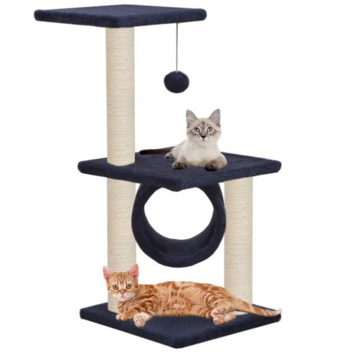 Arranhador azul para gatos com hastes de sisal.