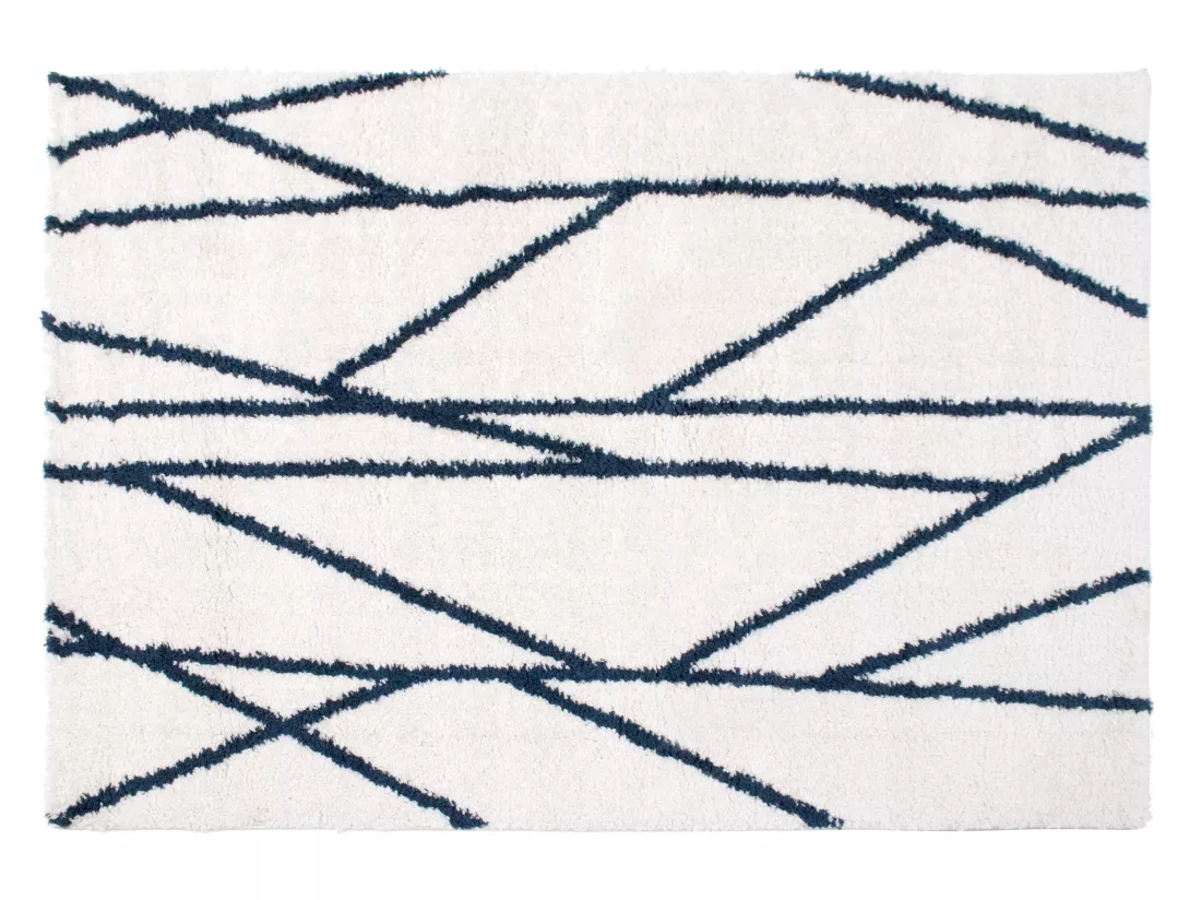 Tapis shaggy berbère lignes asymétriques - 160 x 230 cm - Blanc et bleu nuit - BARDIO