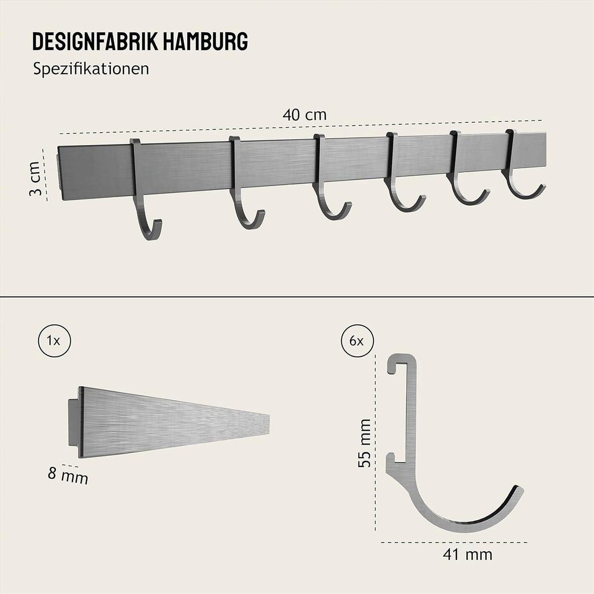 Designfabrik Hamburg Keukenhaakrail, Zelfklevend, Geborsteld Zilver, 40cm