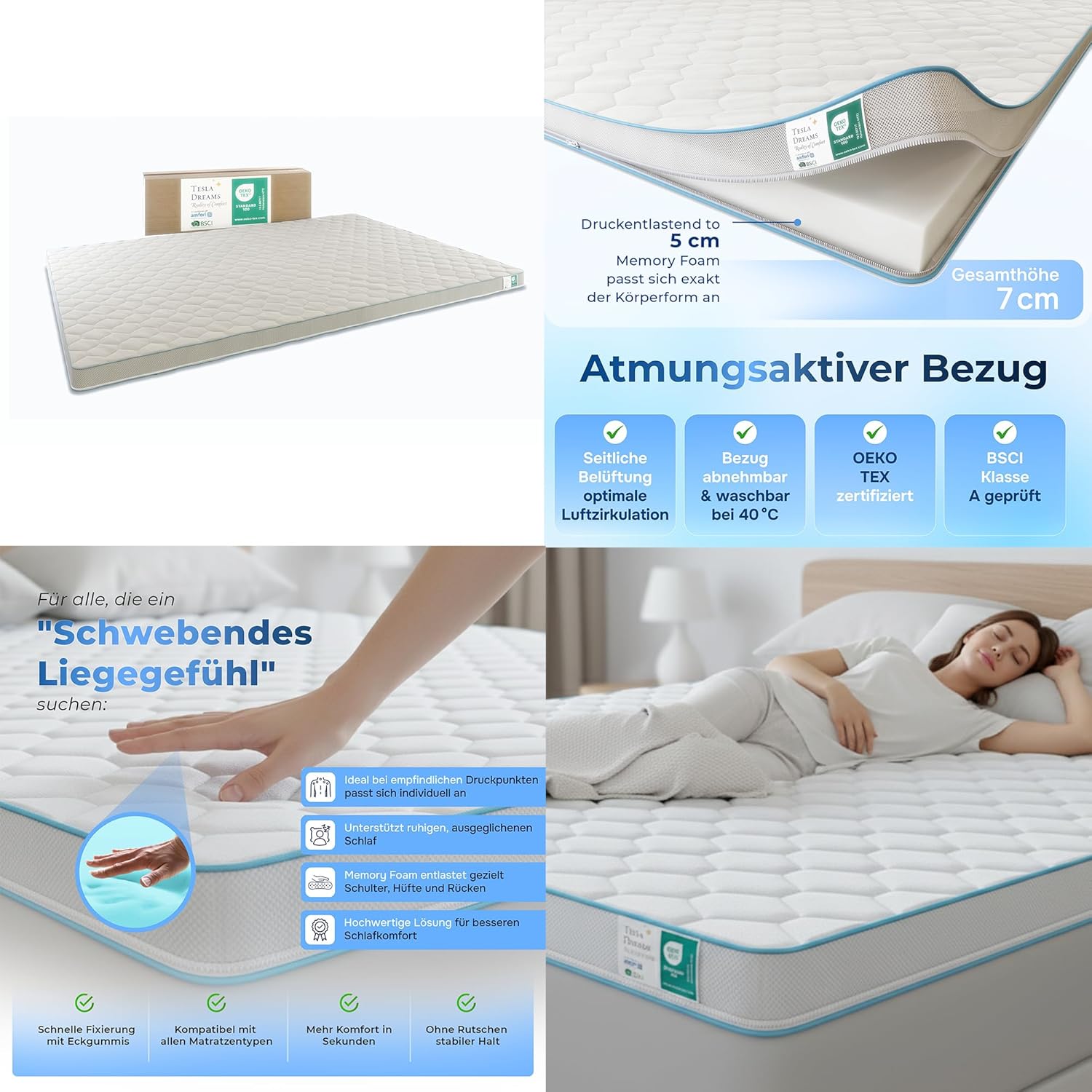 Tesla Dreams Memoryschaum Topper 140x200 cm – Visco Matratzen Topper 7 cm – druckentlastend & ergonomisch – atmungsaktiv – ÖKO-TEX Zertifiziert – Abnehmbarer & waschbarer Bezug