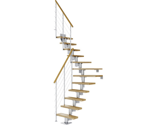 Pertura Spiros middentrap, parelgrijs, kwartslag, linksonder/rechtsonder 65 cm, gelakte eikenhouten leuning, 11 treden / 12 stootborden