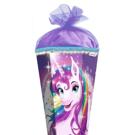 Roth Motiv-Schultüte, Einhornportrait, 85cm, eckig, Rot(h)-Spitze, Tüllverschluss, Glitter, Glitzerborte