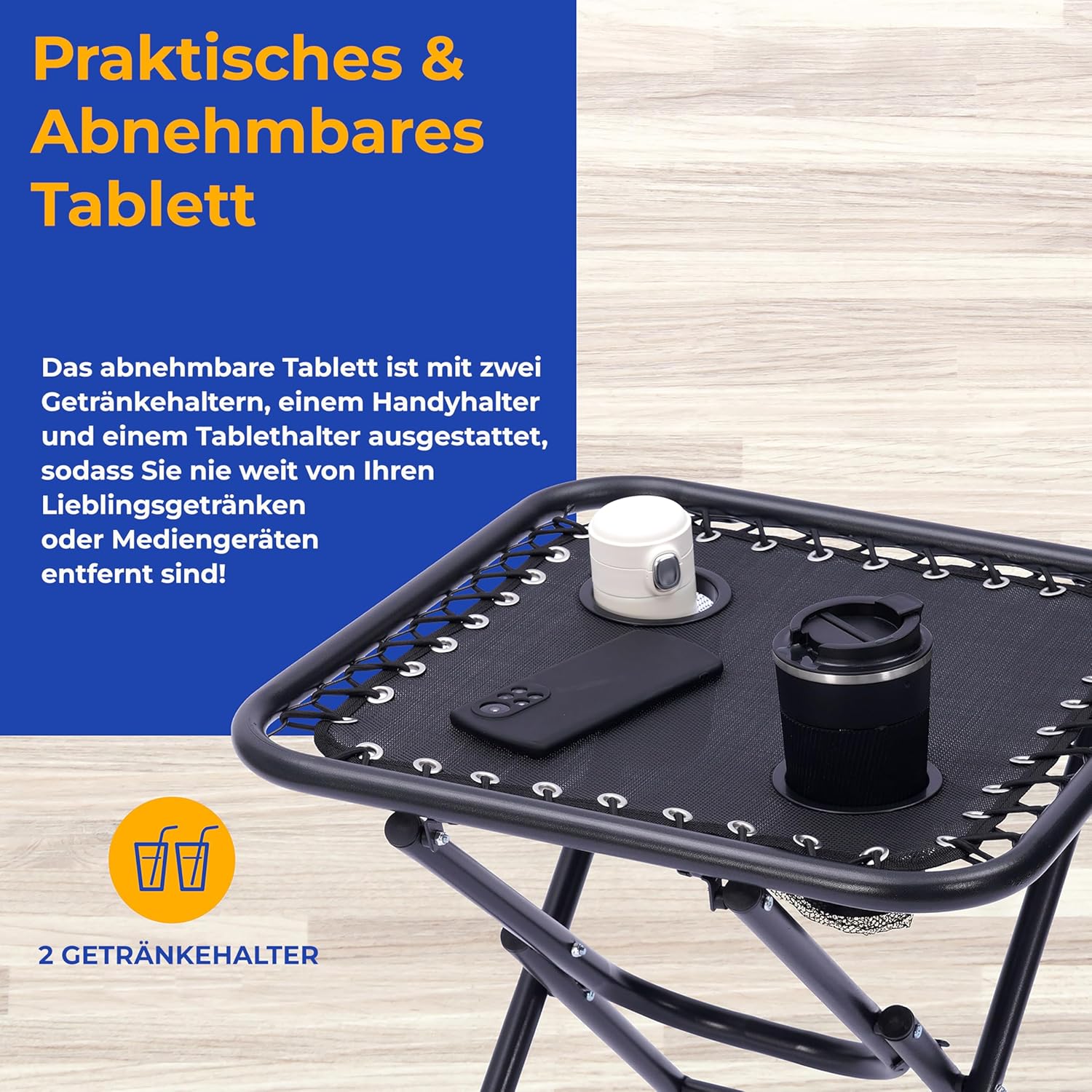 SereneLife Liegestuhl, Gartenliege Klappbar, Strandliege, Sonnenstuhl als Gartenbett mit atmungsaktivem Textil, Verstellbar zum Liegen für Garten & Camping mit Seitentisch, Kopfkissen & Getränkehalter