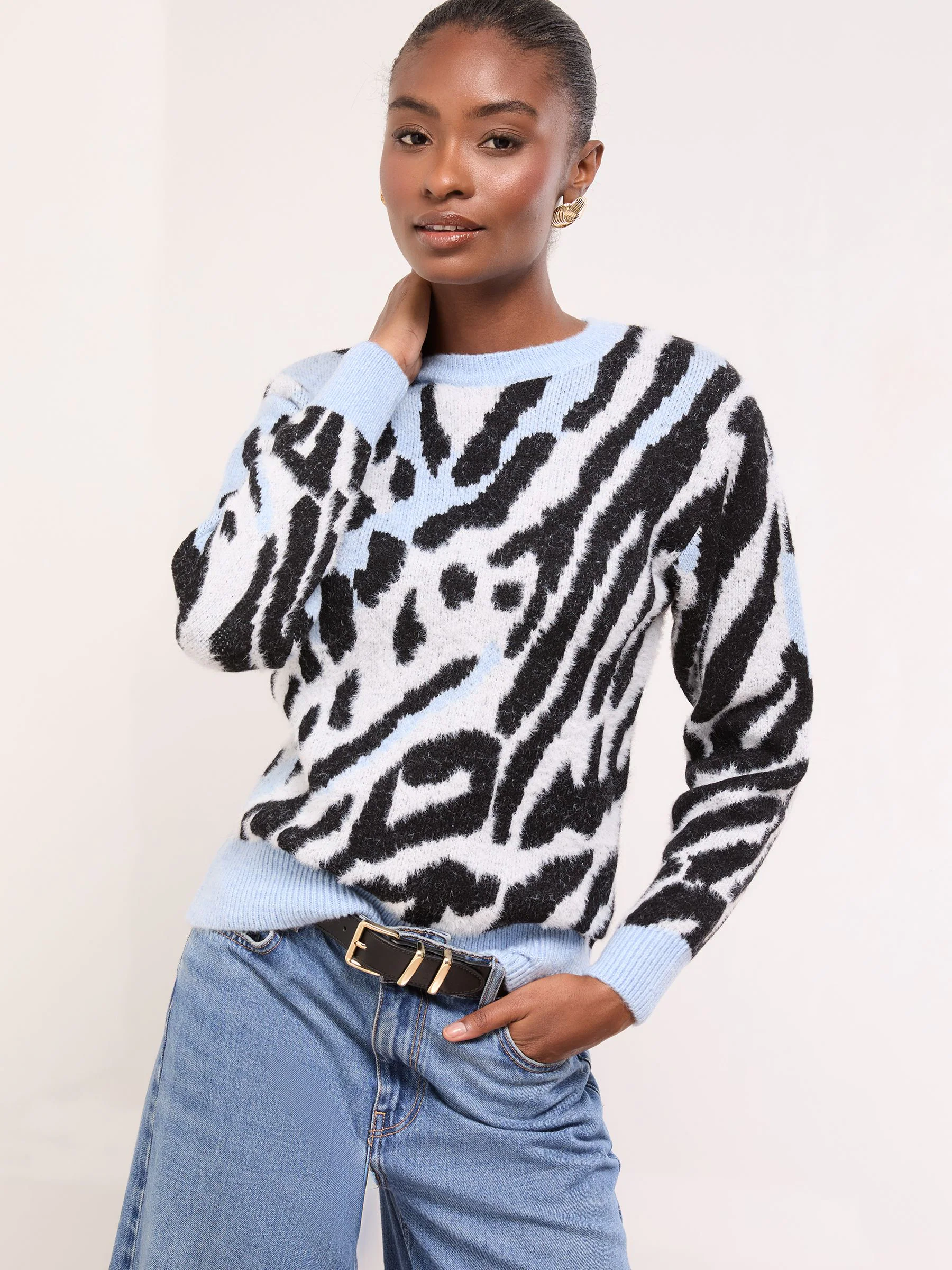 Blauw met luipaardprint - Lipsy Print Crew Neck Supersoft Knitted Jumper