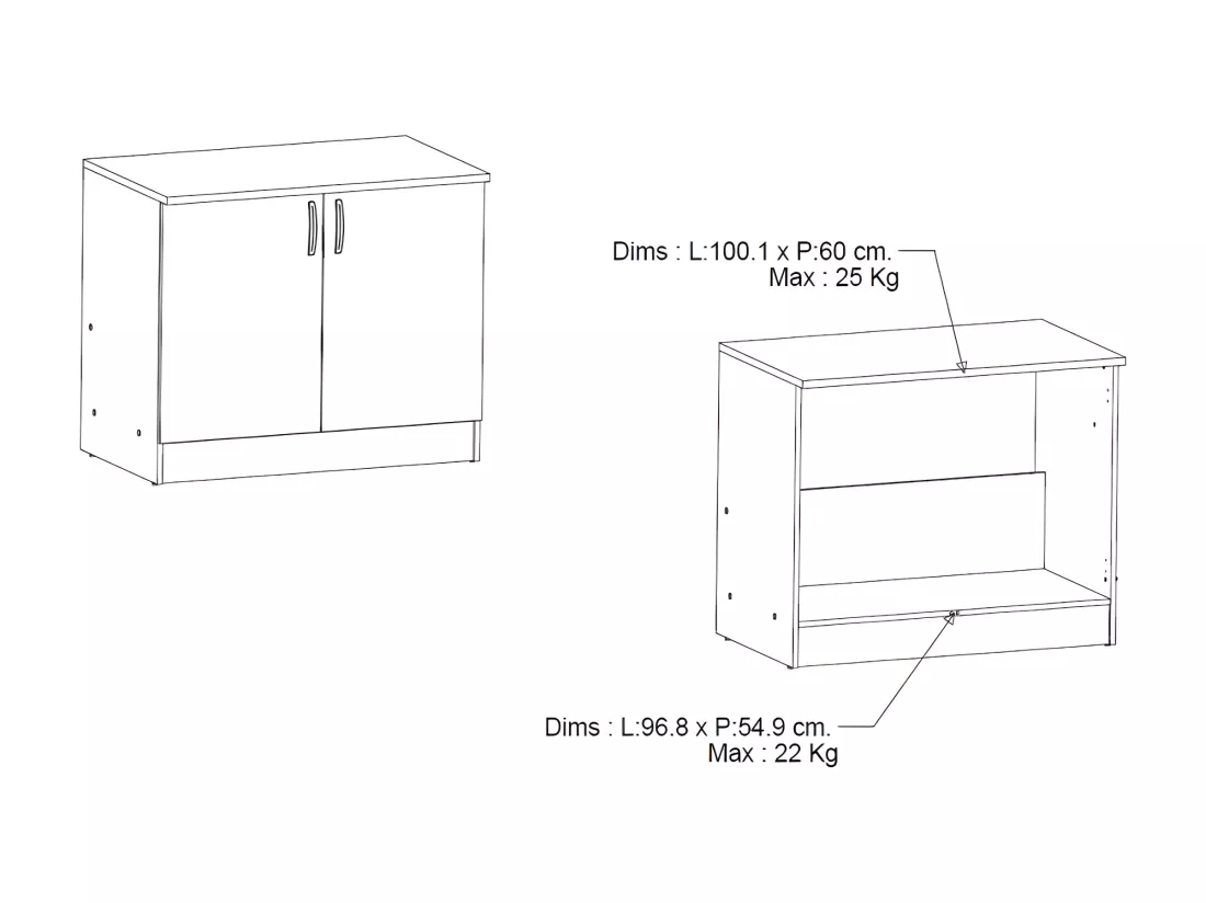 Meuble bas de cuisine 100 cm 2 portes Blanc Mat - MARTA - L 100 x l 60 x H 85 cm