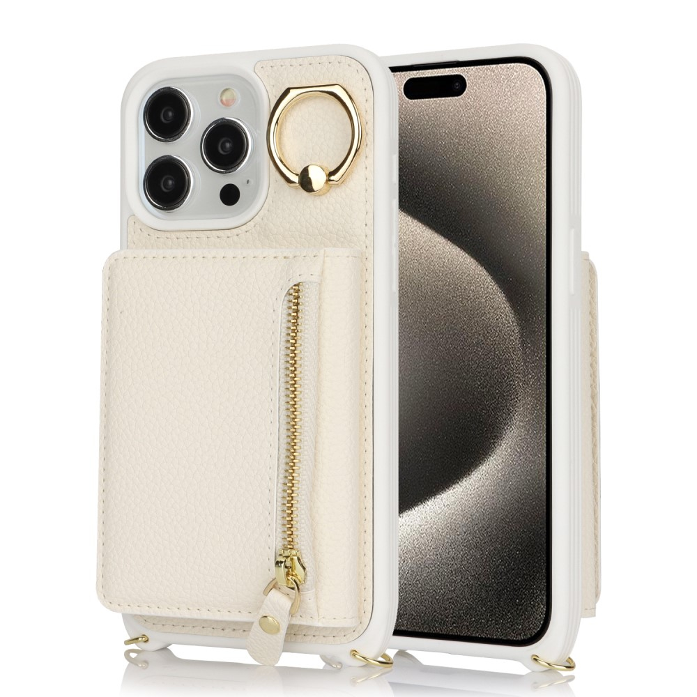 iPhone 15 Pro Necklace Leder Hülle mit Münzfach und Kartenfächer   Finger Griff Halterung   Handykette - Weiss