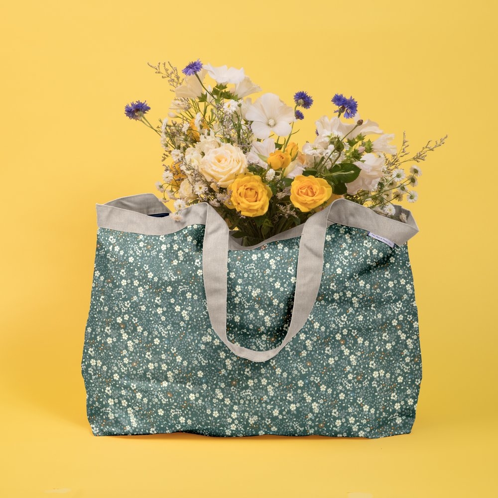 Grand Sac Cabas En Tissu Fleuri Kaki