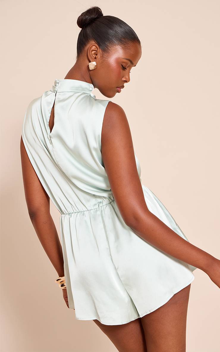Bleu Combinaison-short En Satin À Col Montant