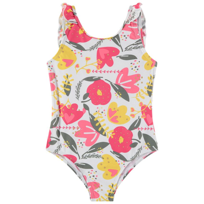 Maillot de bain 1 pièce imprimé fleuri pour fille - Blanc