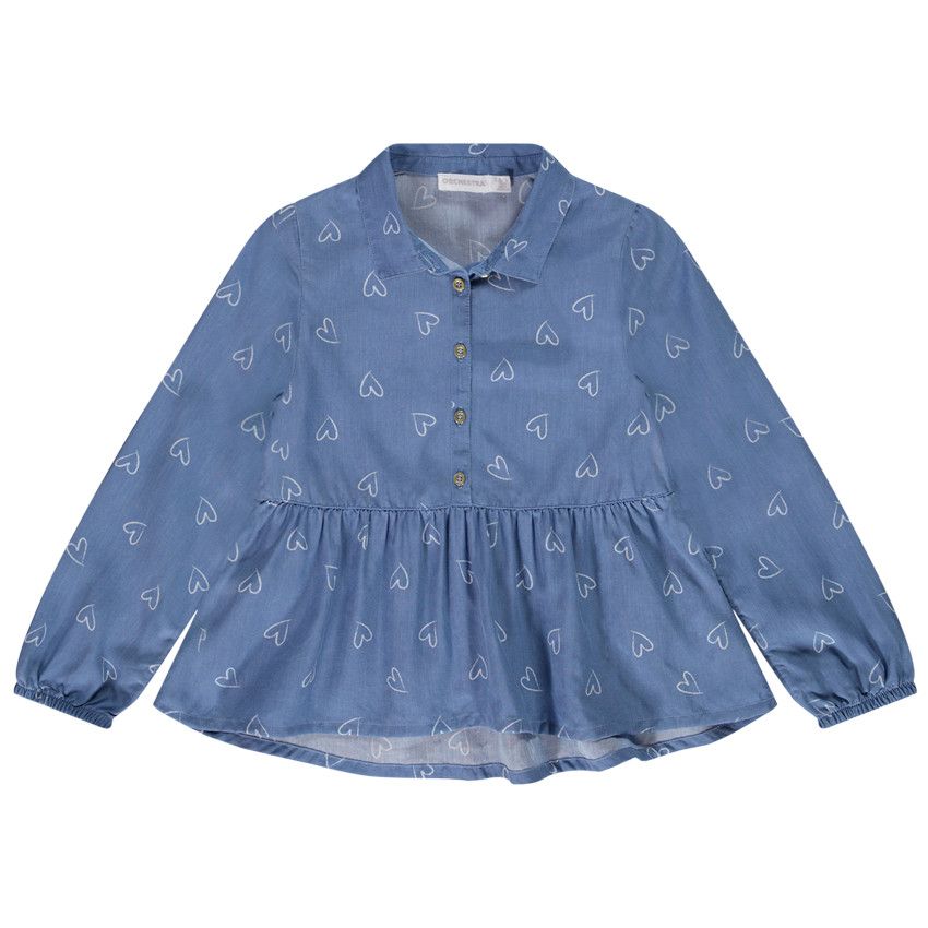 Tunique volantée effet denim en lyocell avec imprimé coeurs pour fille - Bleu