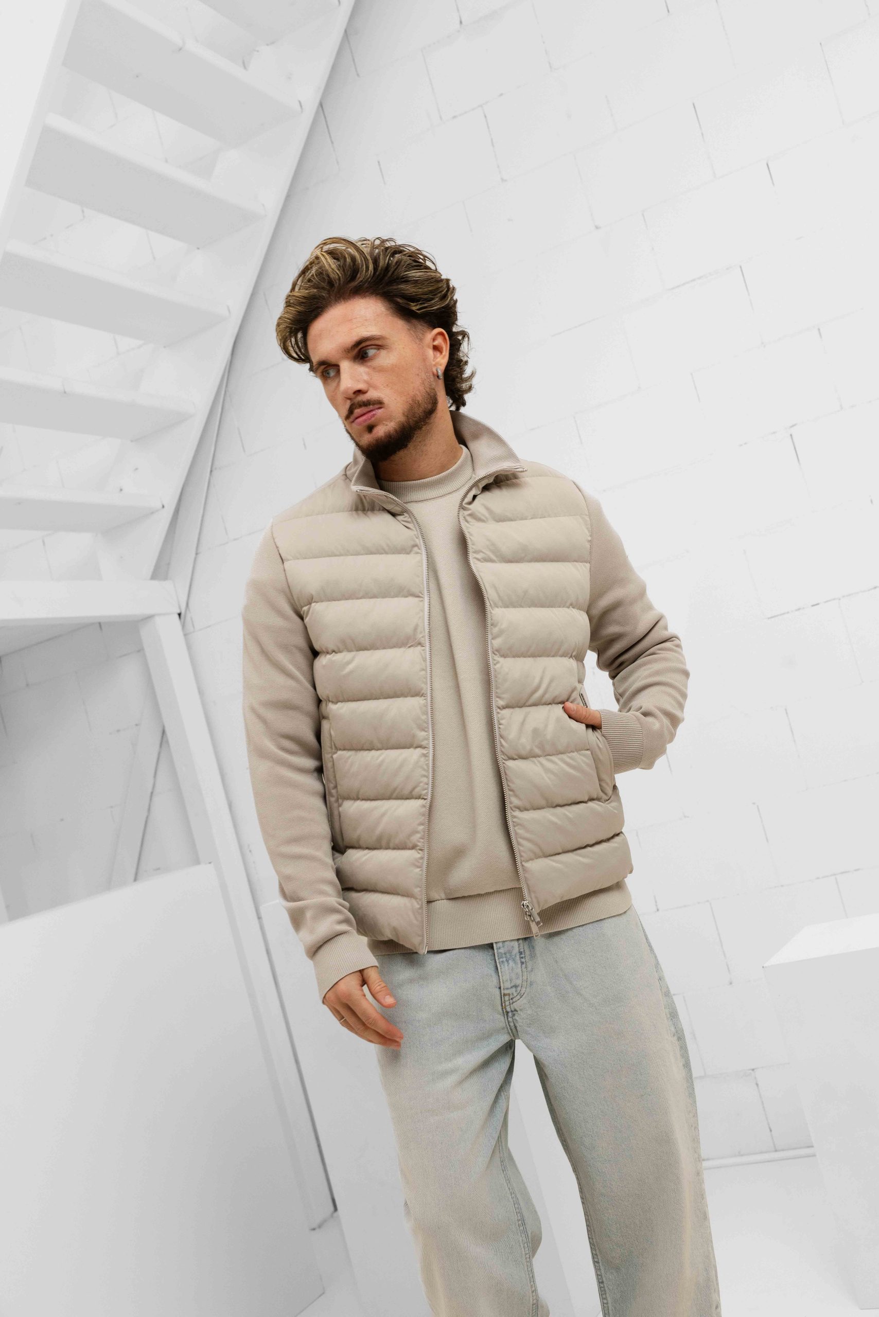 Malelions Knitted Hybrid Jas Heren Beige