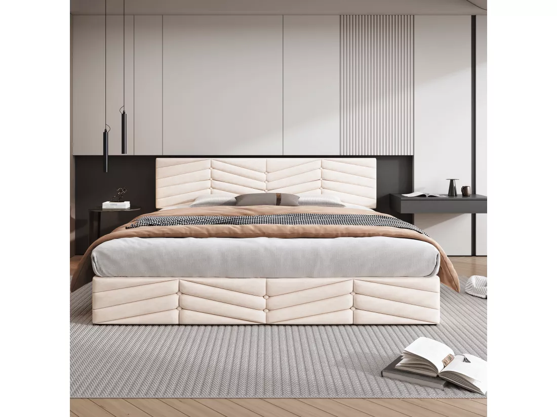 Lit coffre en velours avec sommier à lattes + tête de lit réglable - 160x200cm - Beige