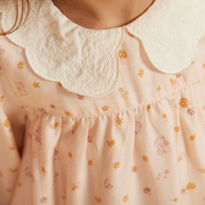 Robe manches longues col claudine imprimé fantaisie pour fille - Rose