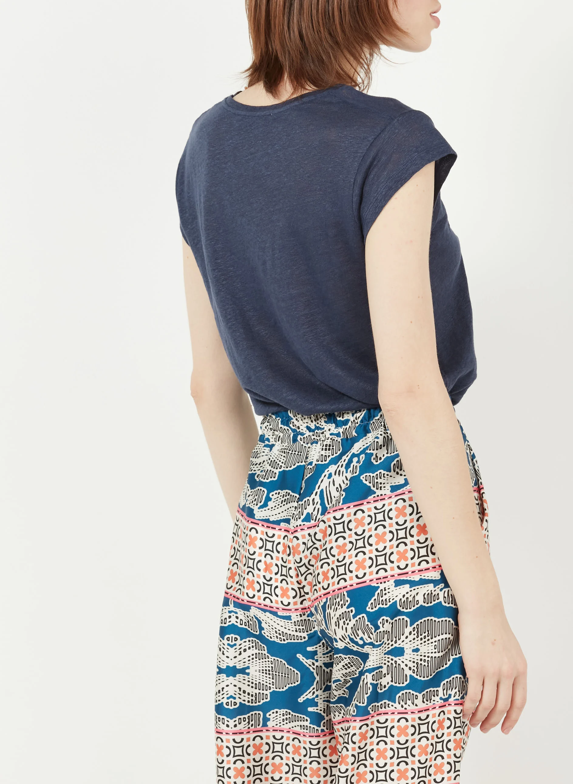 Tee-shirt col V en lin | Bleu