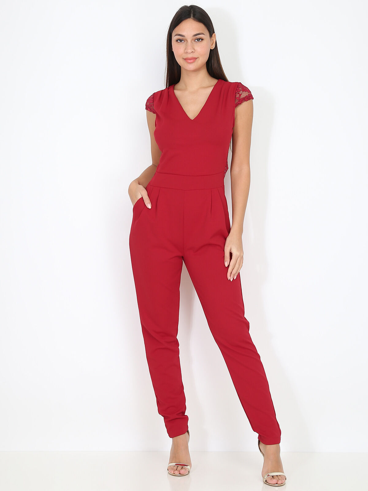 Combi-pantalon moulante à dentelle- Bordeaux