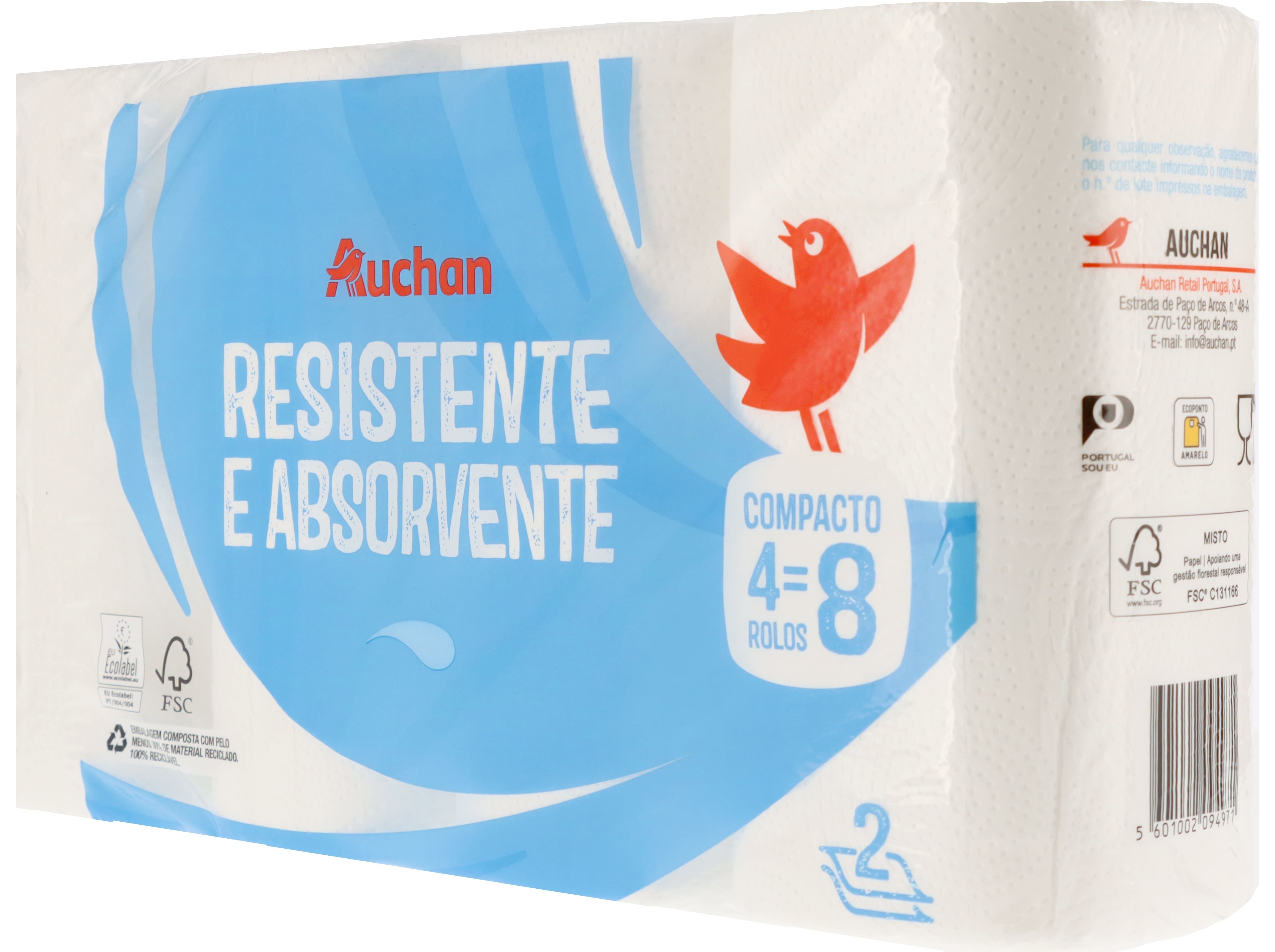 ROLO COZINHA AUCHAN RESISTENTE E ABSORVENTE COMPACTO FOLHA DUPLA 4 ROLOS = 8 ROLOS