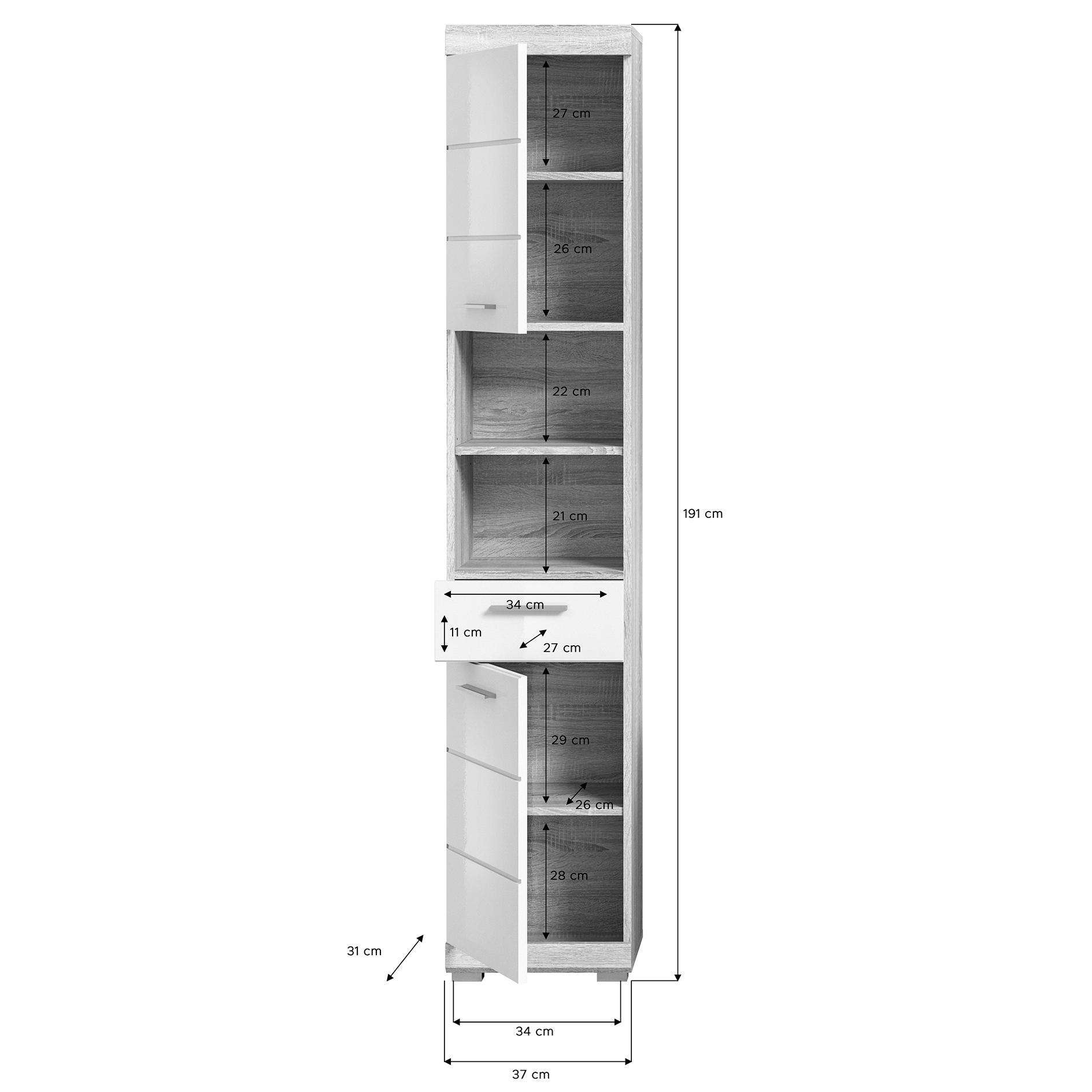 Hochschrank LAMBADA - Sonoma Eiche-weiß Hochglanz - 191 cm