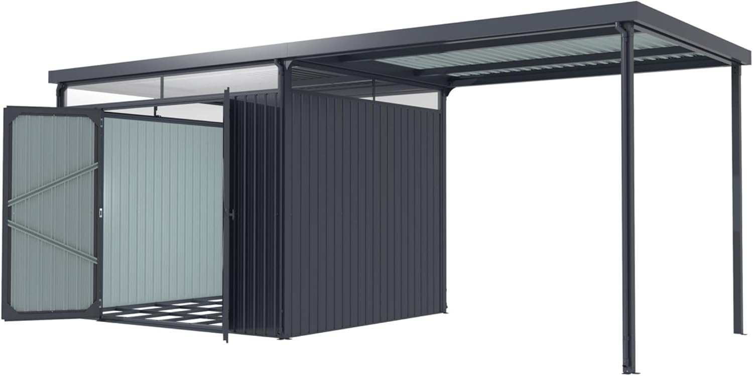 Gerätehaus Rheinfelden 108 Schleppdach-Set | inkl. Schleppdach & Fundamentrahmen | mit Lichtband & Schwingtür | witterungsbeständig & langlebig | 6,4 m² Grundfläche | Anthrazit