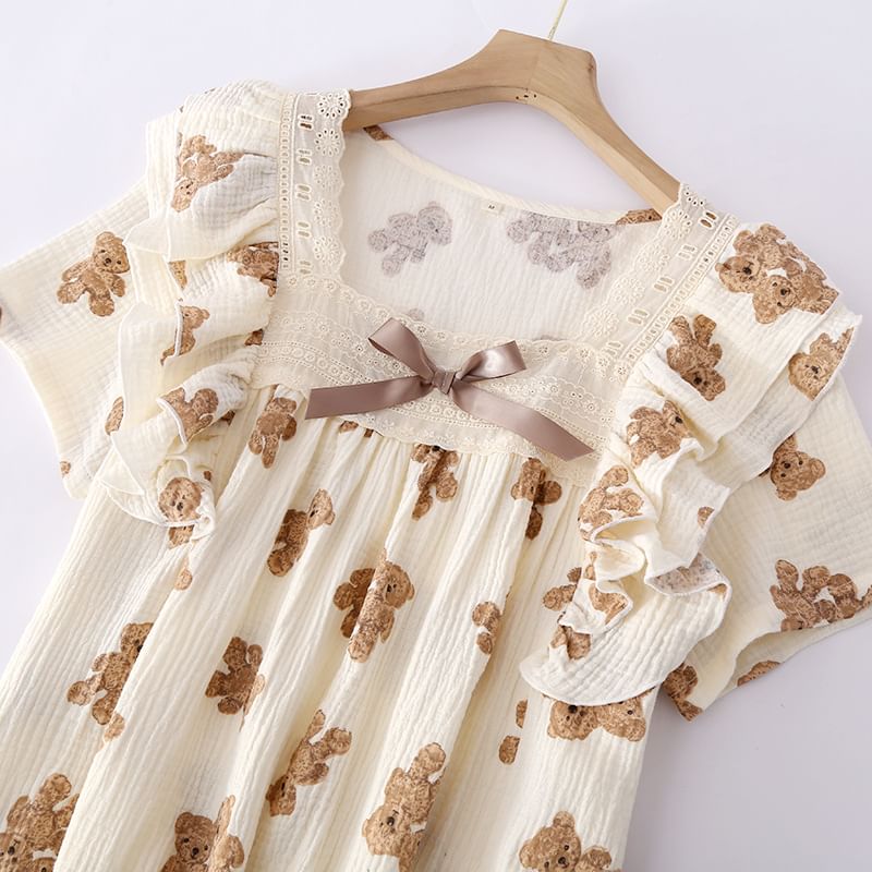 molpes - Pyjamajurk met korte mouwen en ruches en kanten rand in berenprint