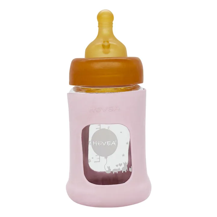 Hevea Biberon en verre à col large avec housse de protection Débit lent | Rose poudré