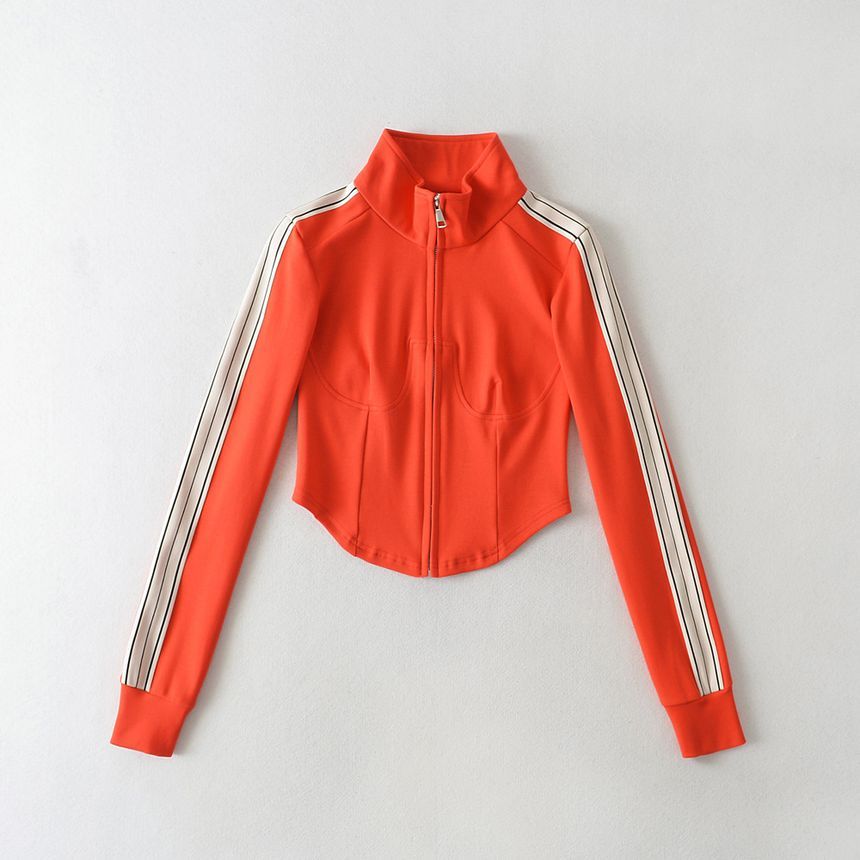 Sundine - Cropped jack met opstaande kraag, gestreept paneel en rits