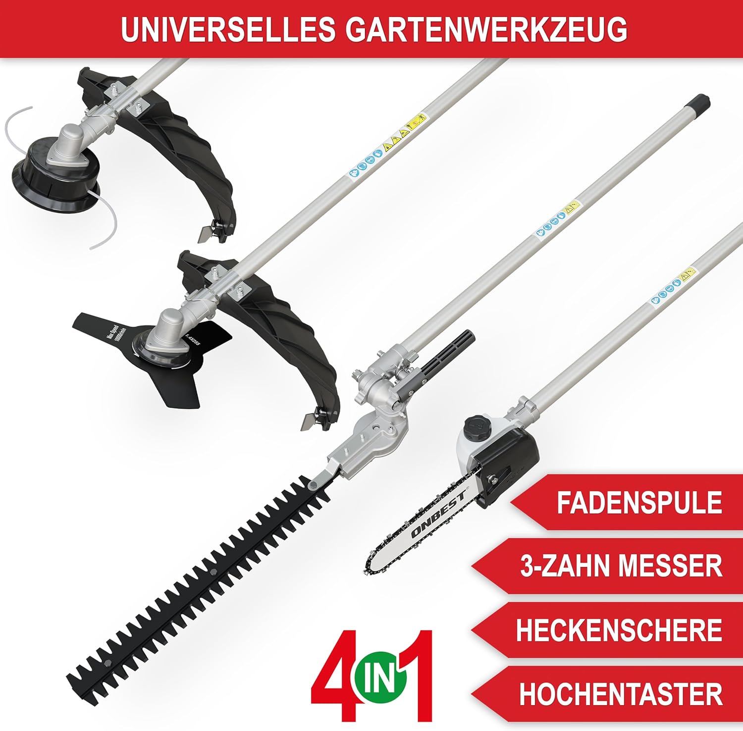 hochwertiges 4 IN 1 Benzin Multifunktionsgerät – Starke 1,9 PS/ 1,4 KW - Freischneider, Rasentrimmer, Heckenschere und Hochentaster in Einem – mit Verlängerung Stange – ergonomischer Tragegurt