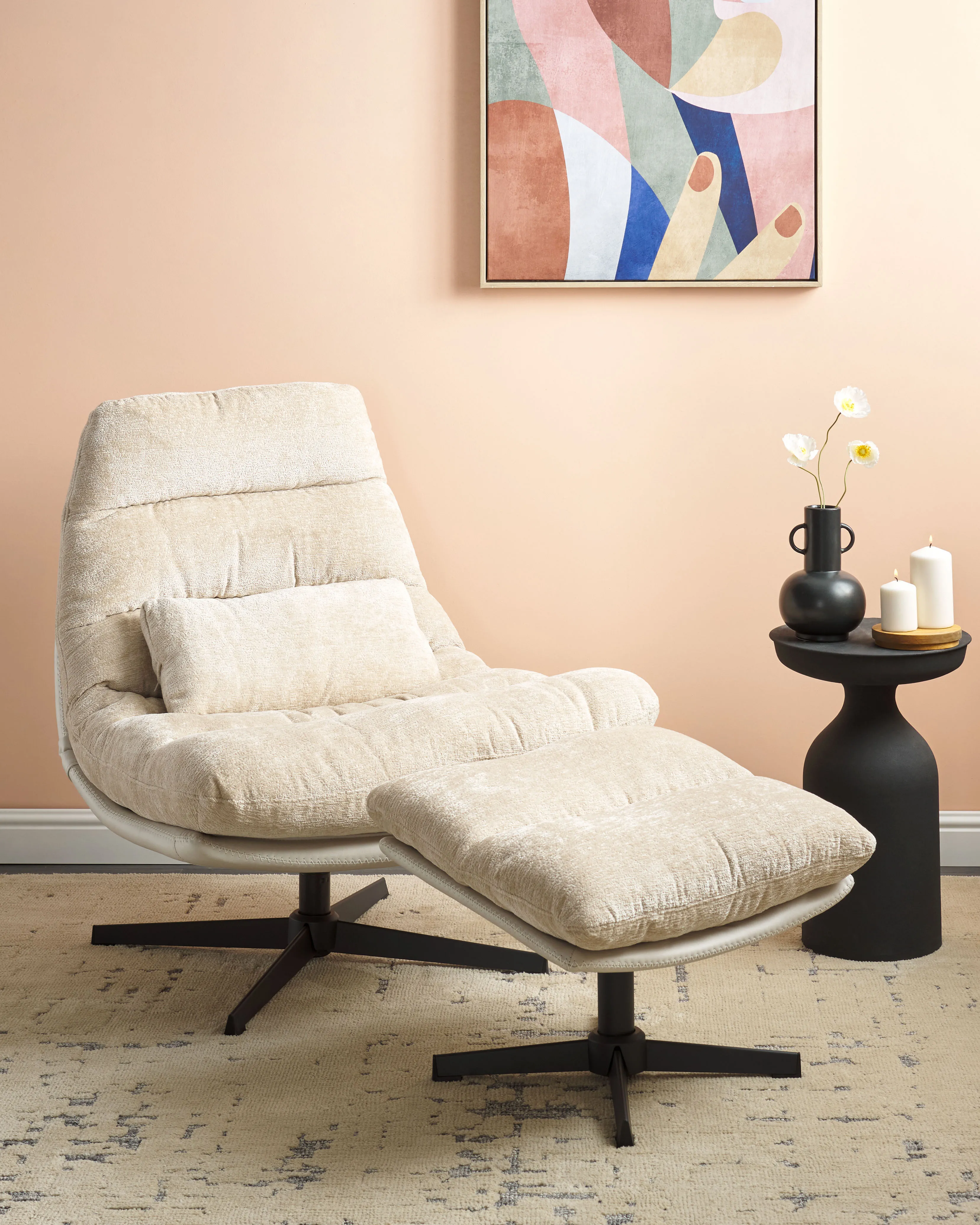 Draaifauteuil TOVIK met voetenbank Chenille Lichtbeige