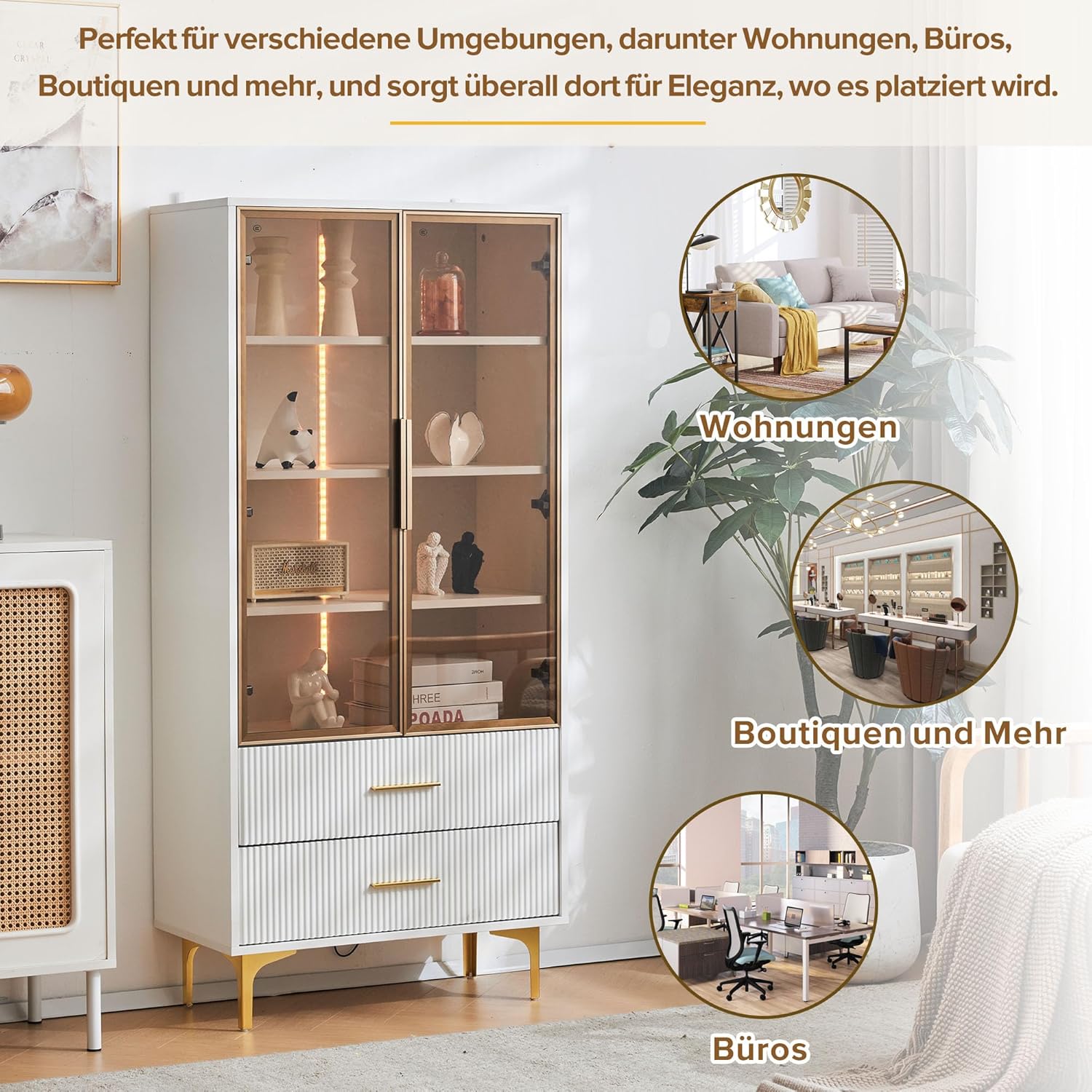 Elegante Glasvitrine mit Zwei Türen - 70 * 35 * 150cm - Glastüren, goldene Beine, bewegliche Einlegeböden, Vitrine mit LED-Licht, Schrank, Glasvitrine, Hochschrank, Standvitrine