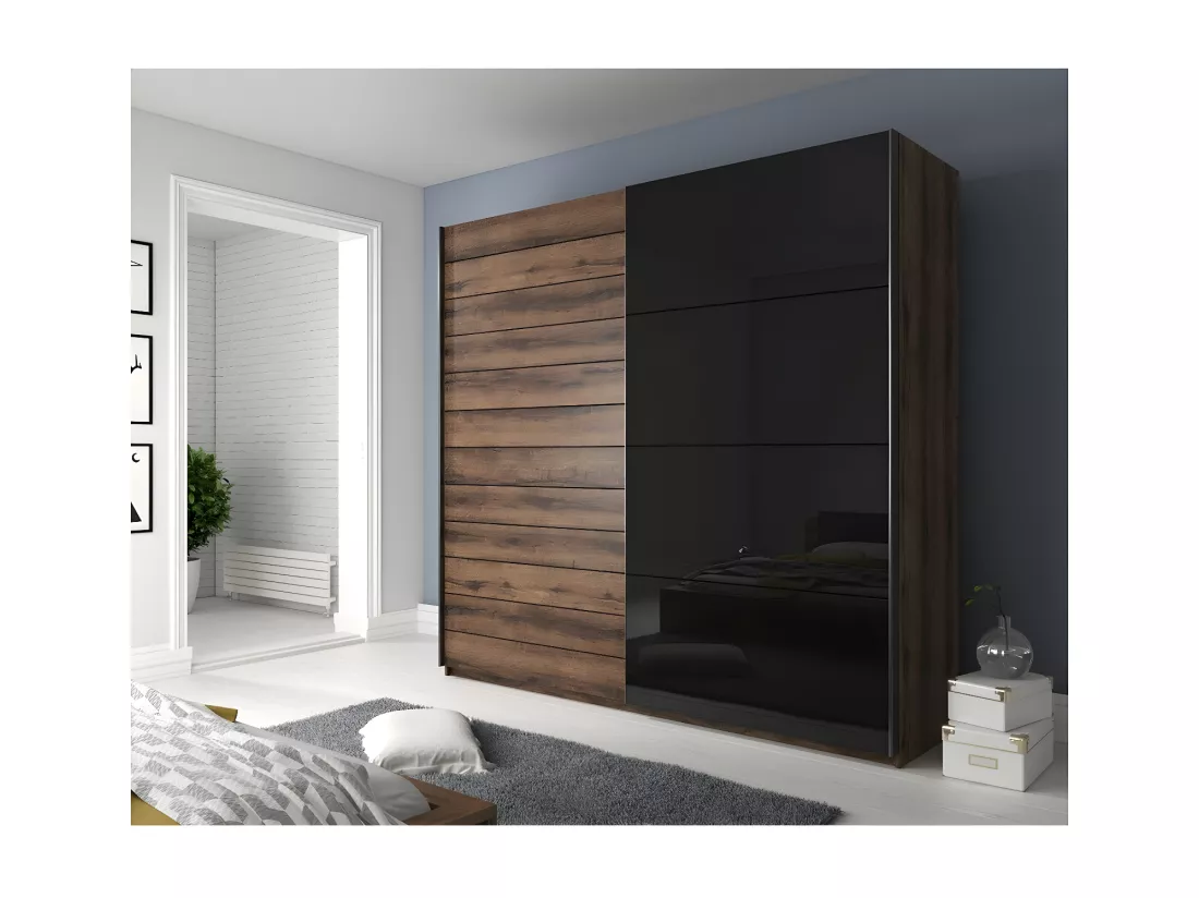 Armoire 2 portes coulissantes 220cm couleur chêne foncé et noir. Collection FLOYD