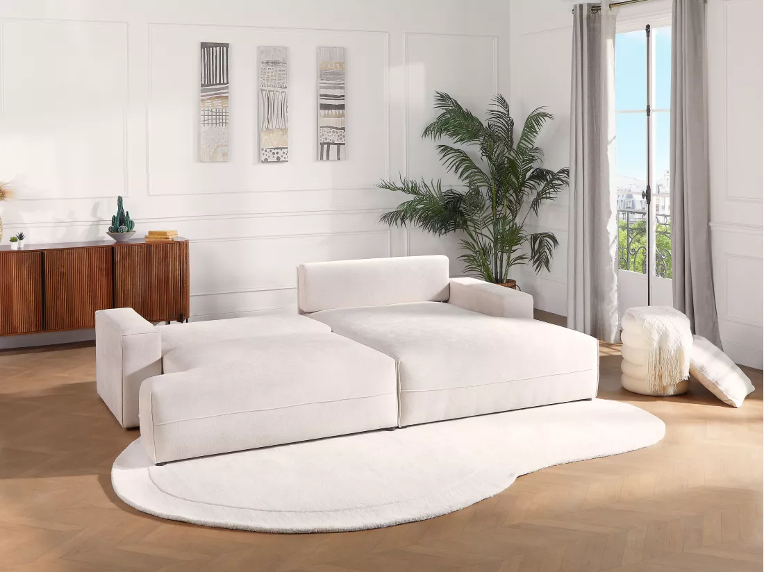 Canapé d'angle droit convertible en tissu texturé beige BREGLIO