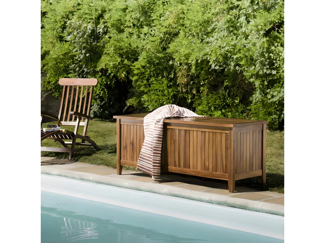 HANNA - Coffre de jardin piscine en bois teck huilé 165x55cm