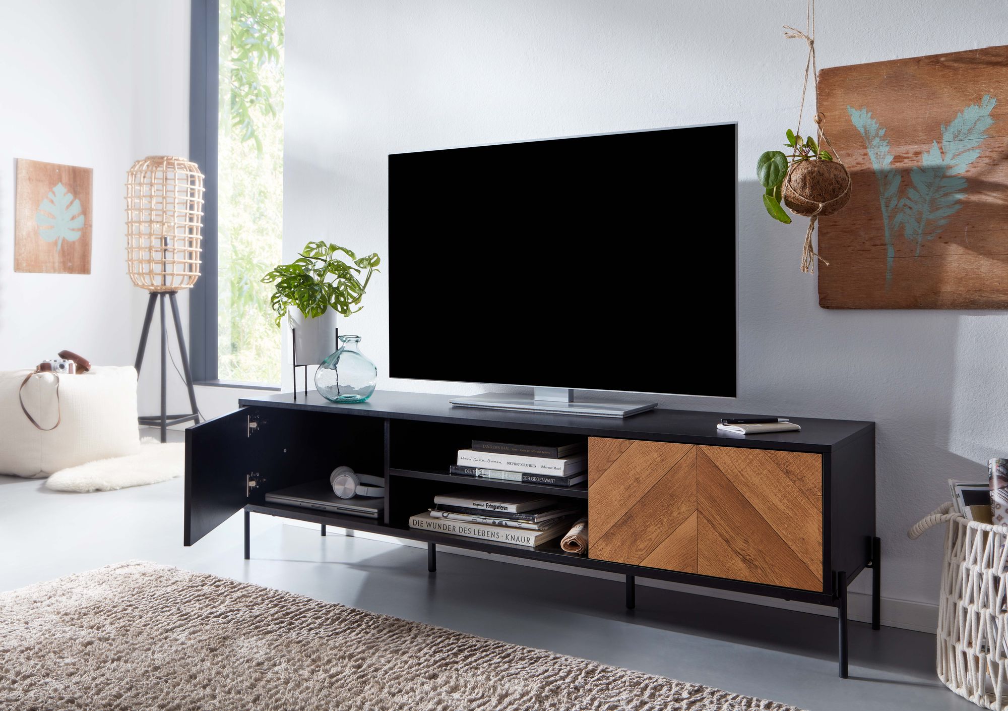 TV Schrank FineBuy Lowboard 163x45x40 cm Holz Fernsehkommode Fernsehschrank