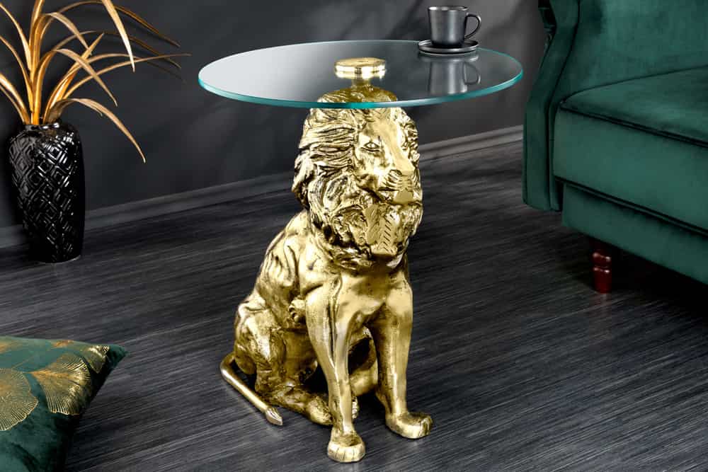 Runder Beistelltisch WILDLIFE LION 60cm gold antik Metall Glas Löwen Skulptur