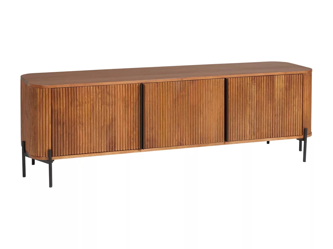Meuble TV avec 3 portes en bois de manguier et métal - Naturel et noir - BALIMELA