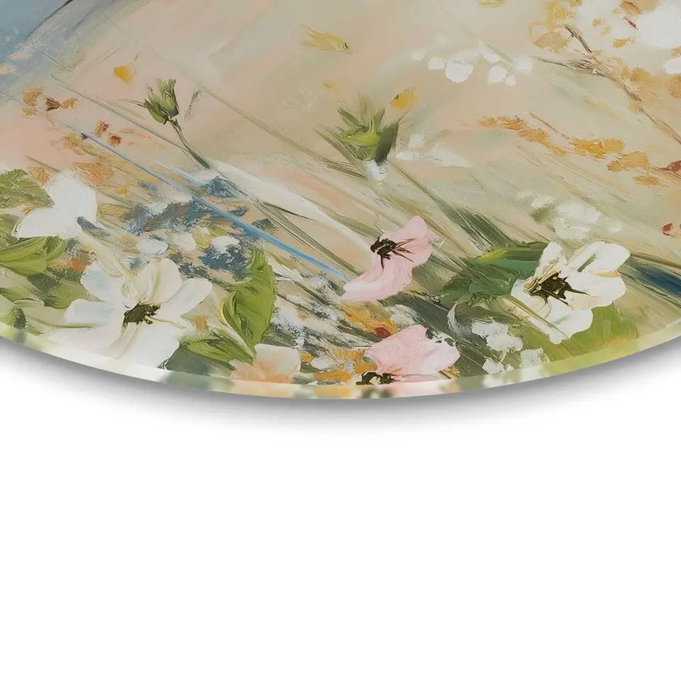 Glasschilderij Veld in bloei - Ø 70cm - Beige