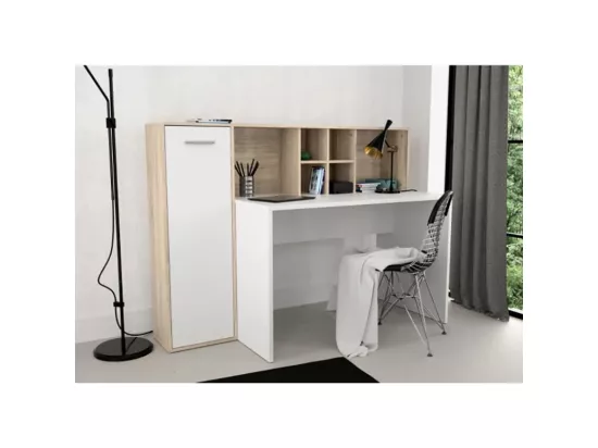 Bureau droit avec rangements décor chêne clair et blanc mat - KEVAN