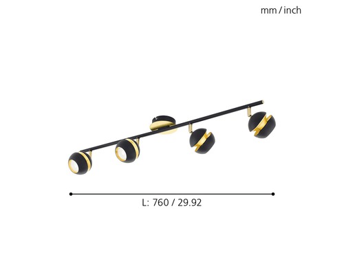 LED plafondspot 4x3,3W 4x240 lm 3000 KL 76 cm zwart/goud