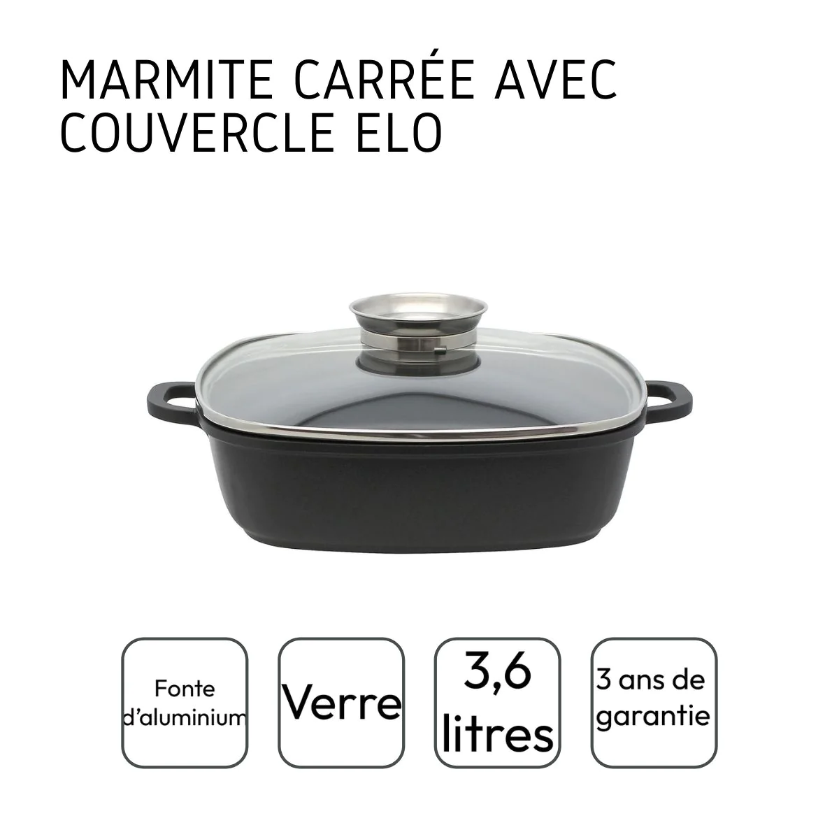 Marmite carrée 28 cm avec couvercle compatible tous feux Alucast Elo