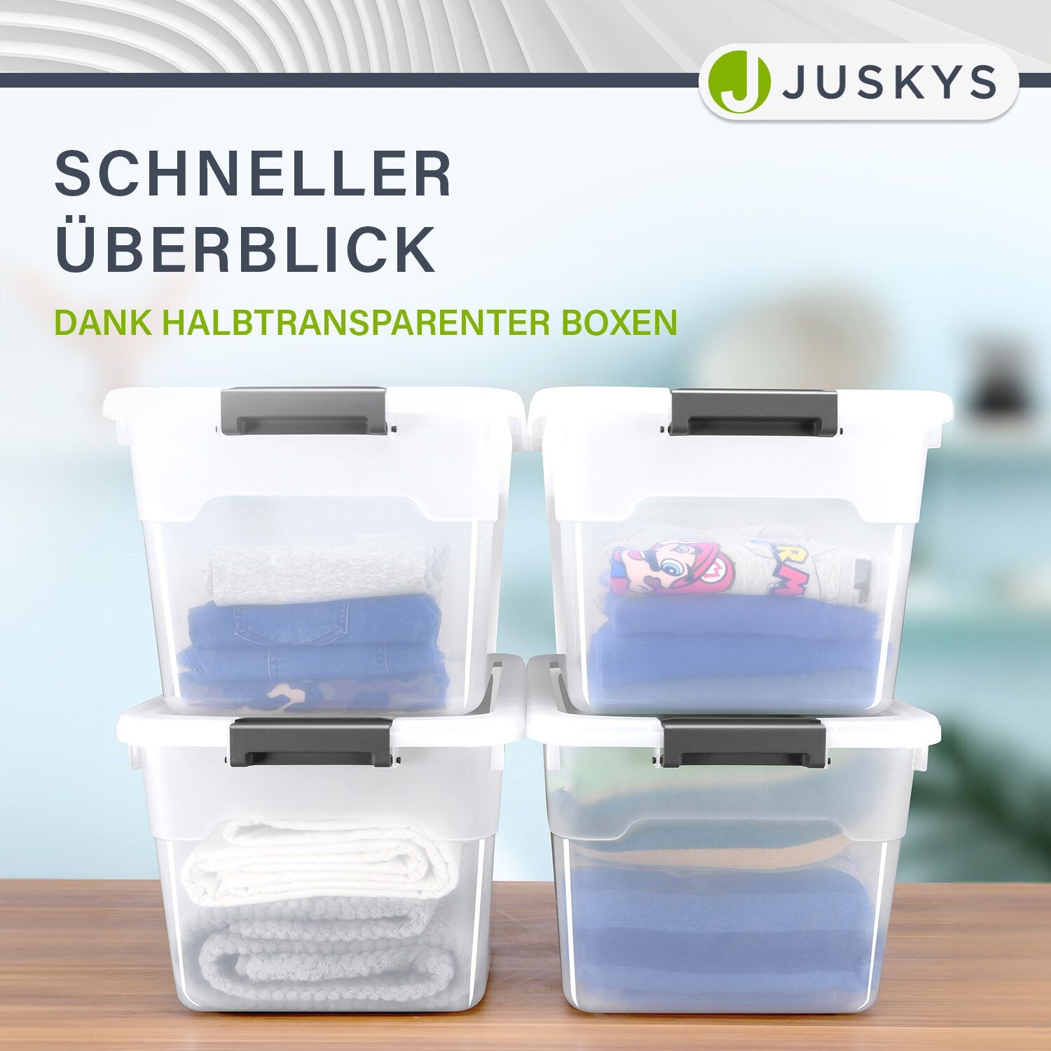 Juskys Aufbewahrungsbox mit Deckel - 4er Set Kunststoff Boxen 30l - Box stapelbar, transparent