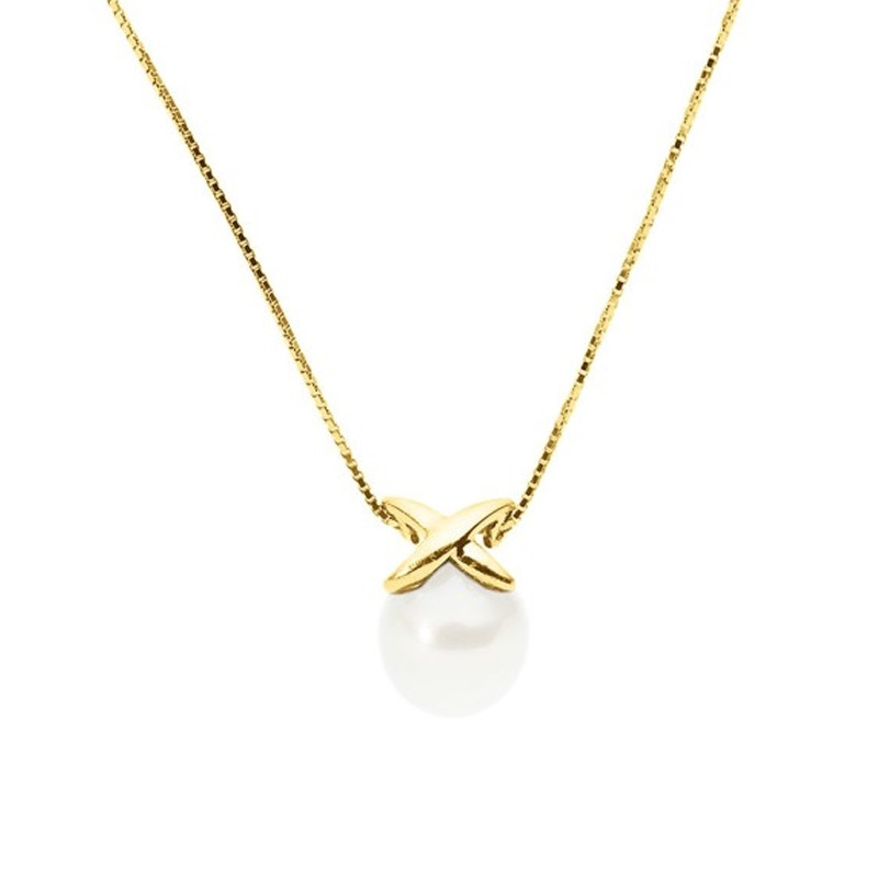 Collier Ras du cou Femme Perle de Culture Blanche AA et Or jaune 375/1000
