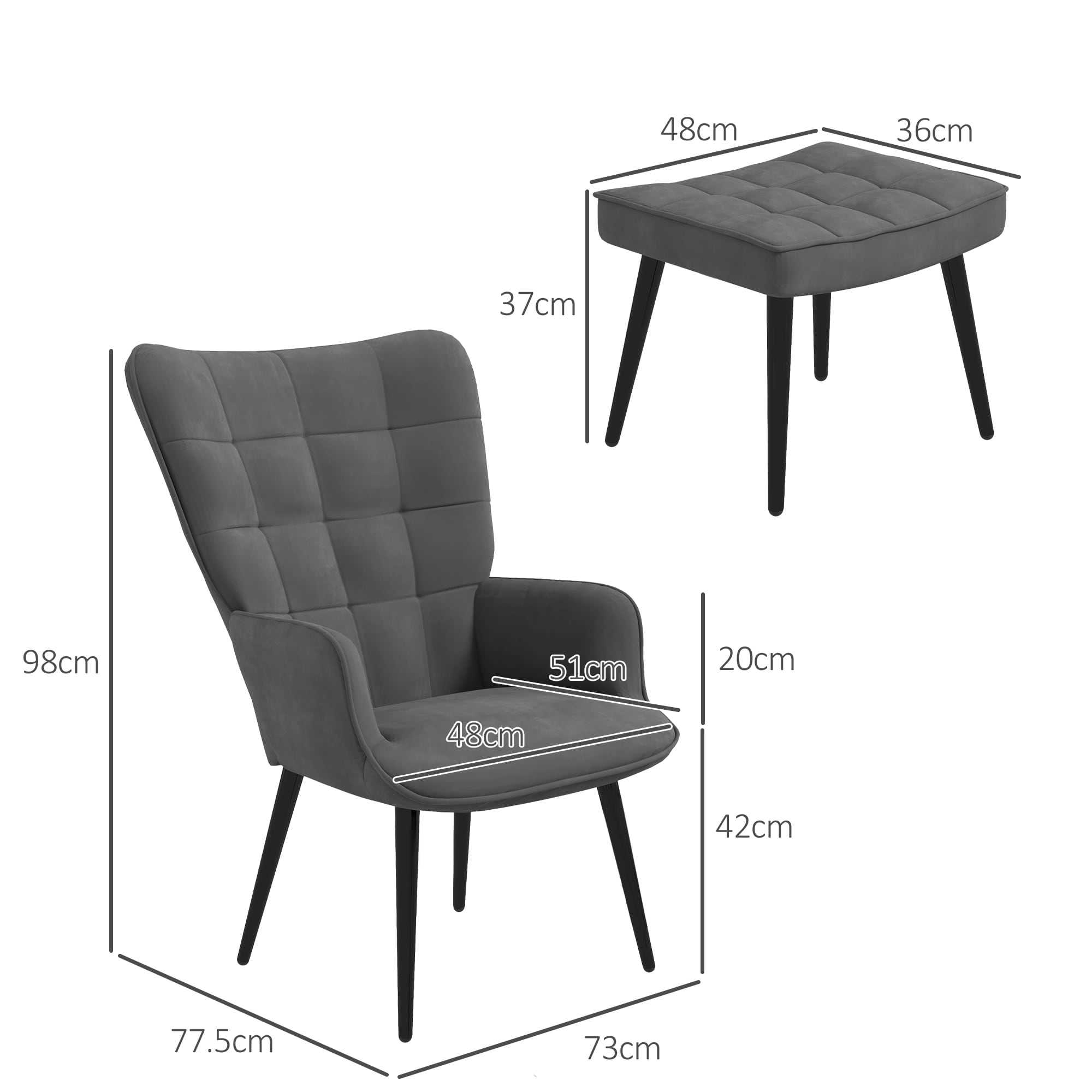 HOMCOM Polsterstuhl mit Fußhocker grau 73L x 77,5B x 98H cm