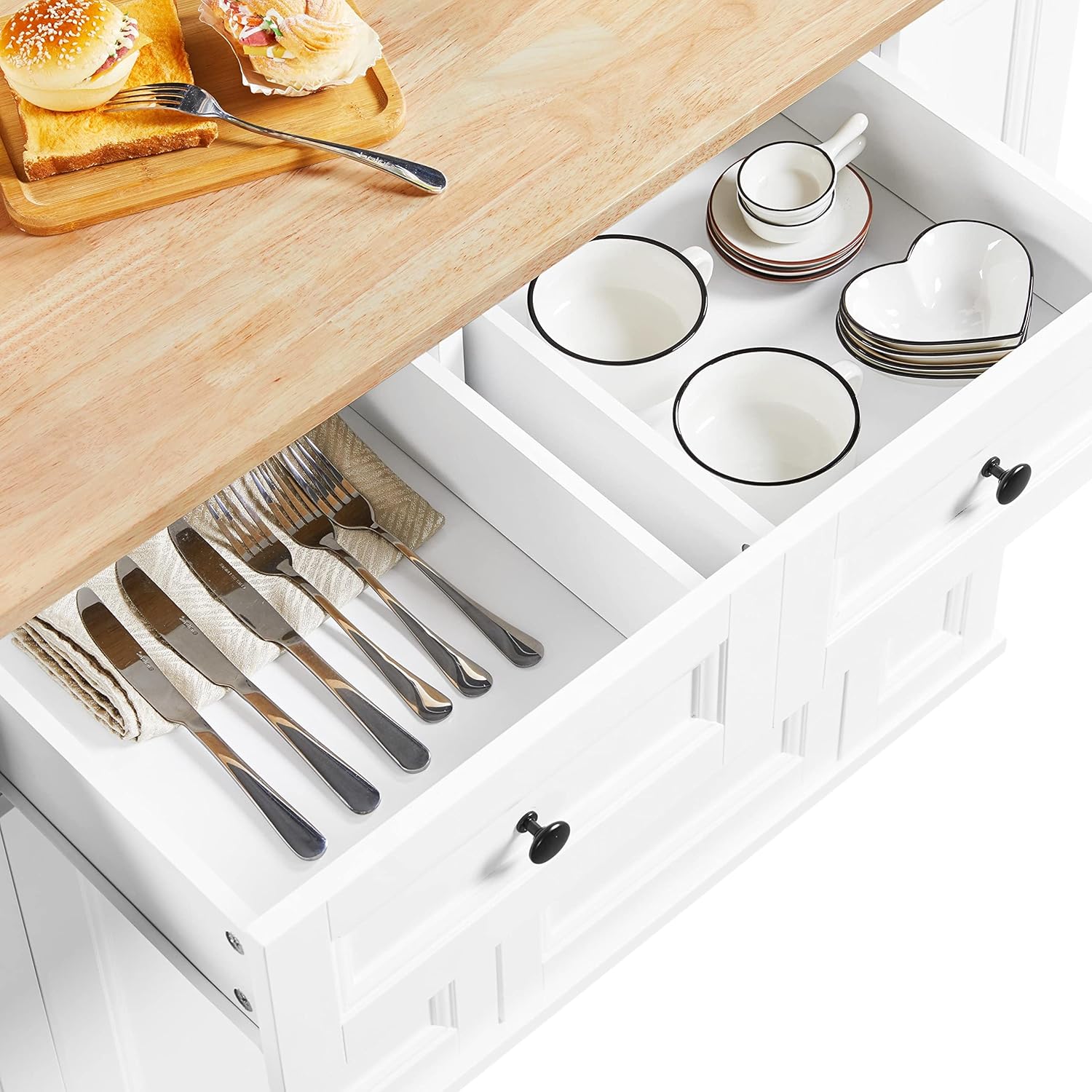 Yaheetech Desserte de Cuisine à roulettes Verrouillables,Îlot Central avec Plan de Travail Pliant,Étagère réglable,2 Tiroirs 2 Rangements Coulissants Latéraux 2 Porte-épices,Blanc,132× 48 × 91 cm LR1663180