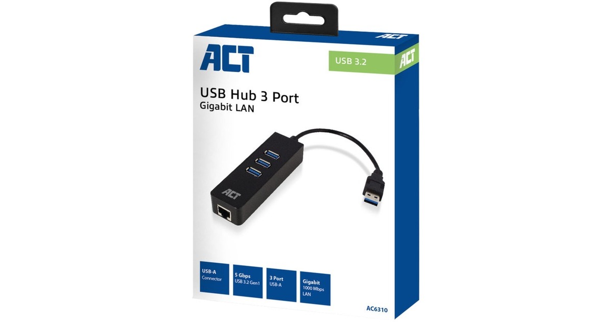 ACT ConnectivityAC6310 USB Hub 3.2 met 3 USB-A poorten en ethernet usb-hub  (Zwart)