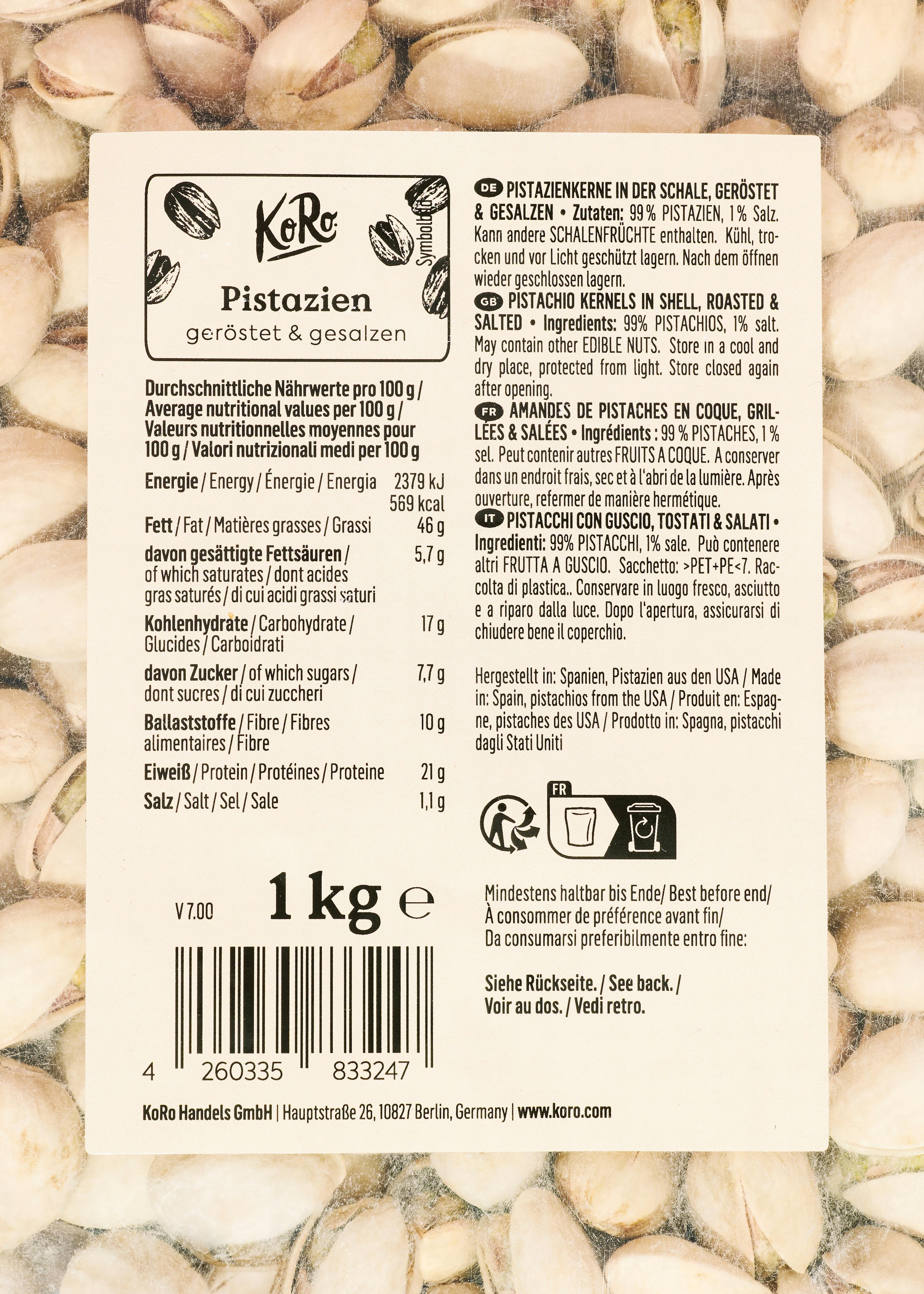 Geröstete und gesalzene Pistazienkerne 1 kg