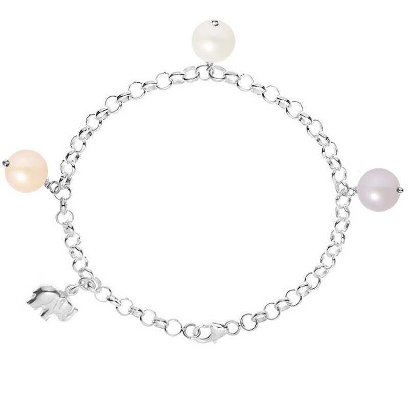 Bracelet Elephant Perle de culture d'eau douce Blanche, Peche et Lavande et Argent 925