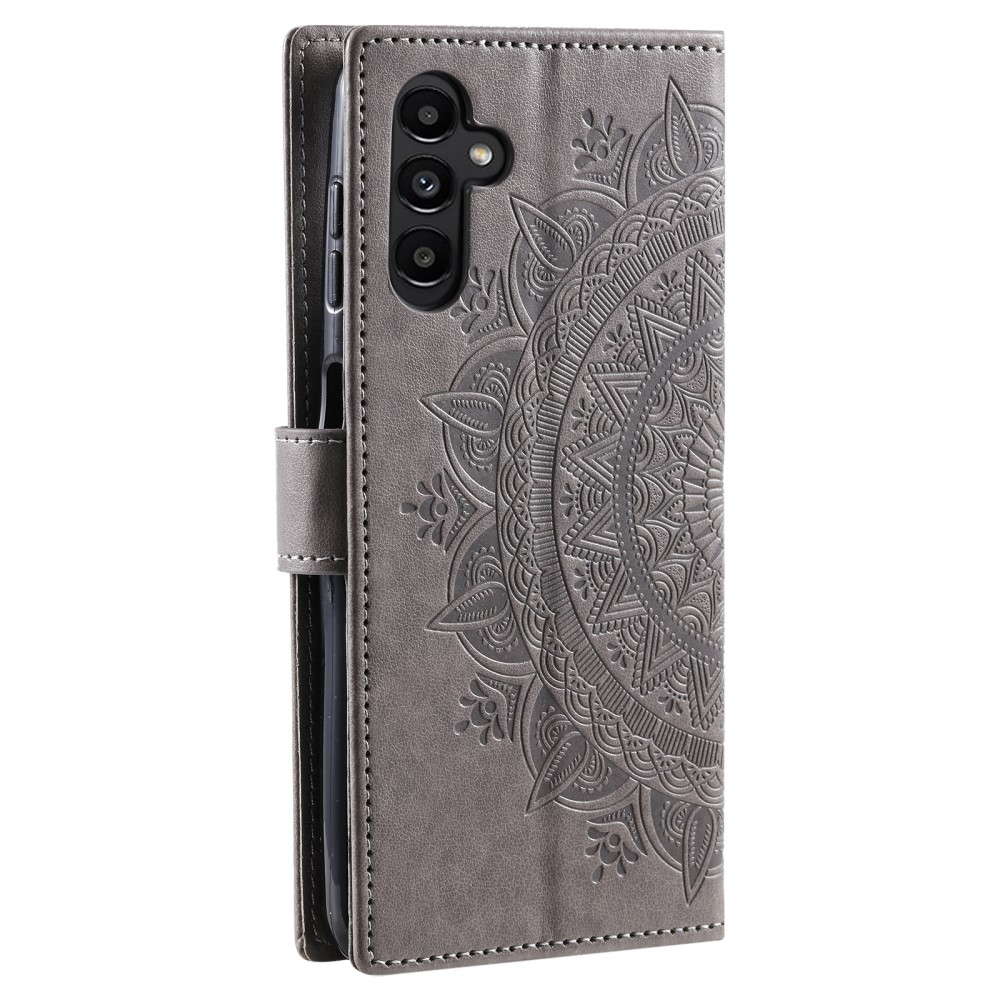 Samsung Galaxy A55 Leder Tasche Wallet - Mandala Flowers Imprint - Grau