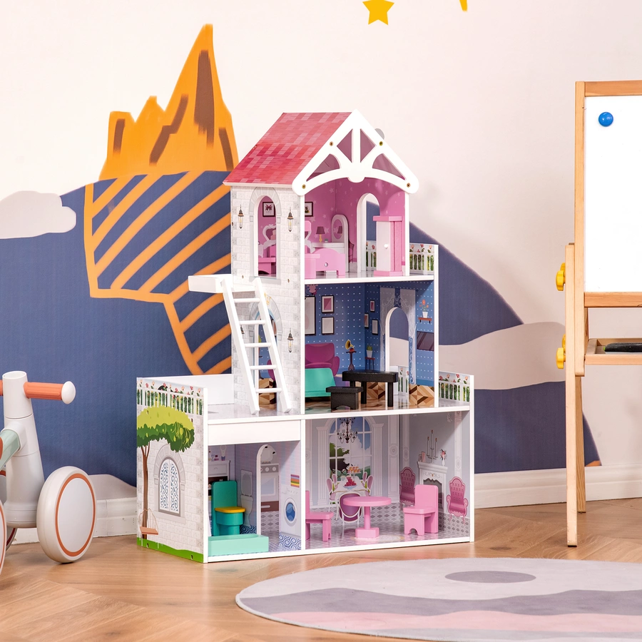HOMCOM Kinder Puppenhaus mit 3 Etagen rosa
